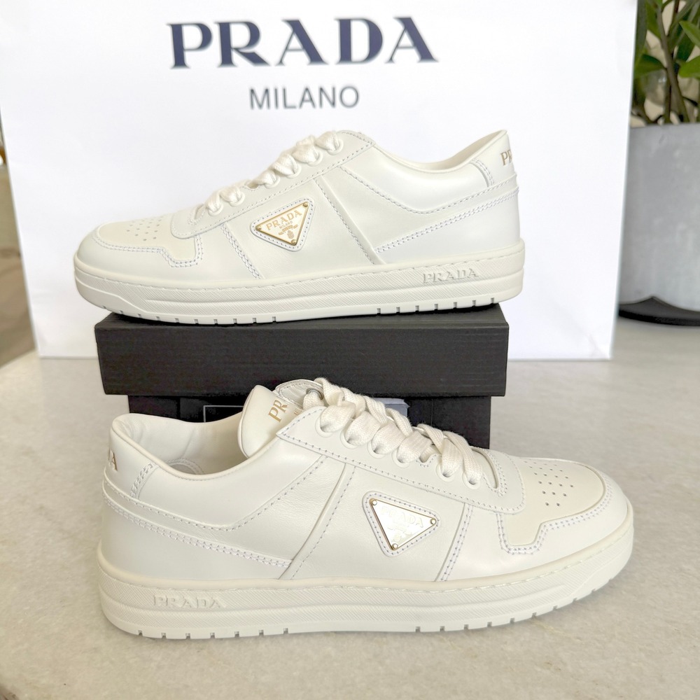 Prada 1E792M Women's Ivory Downtown Nappa Leather Sneakers shoes trainers 37.5 - Picture 1 of 16